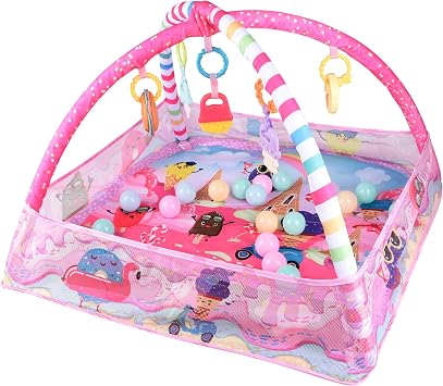 Bebamour Baby Playmats Floor Gyms from Birth, 18 Balls, 5PCS Hanging Toys, Soft Baby Play Activity Gym Playmats Floor Gyms for 0-24Months Pink
