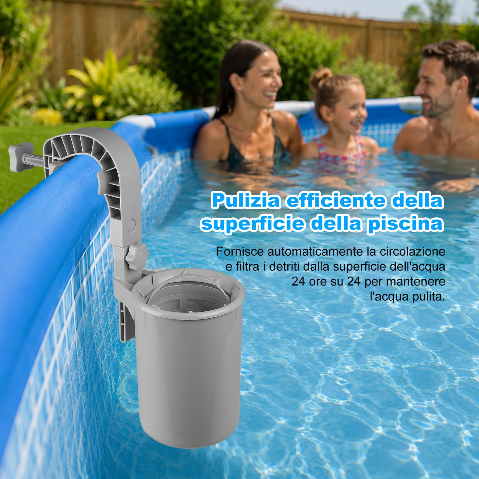 Skimmer per piscina, skimmer regolabile in altezza, montaggio a parete con cestello filtro, setaccio fine, nessuna sostituzione del filtro, skimmer per piscine aperte e con cuscino d'aria, con