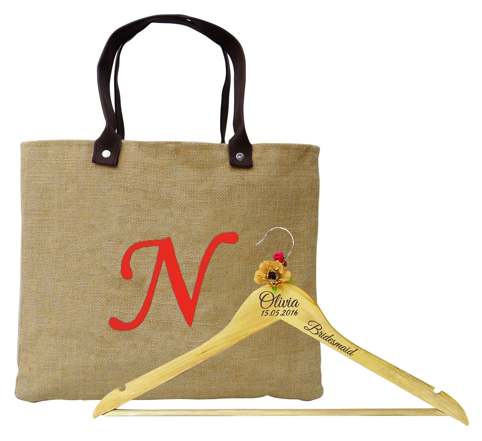 Darling Souvenir Yute Bolsa Inicial de Encargo con personlaized Nombre Grabado Favor Percha de Madera de la Boda le agradece Regalo