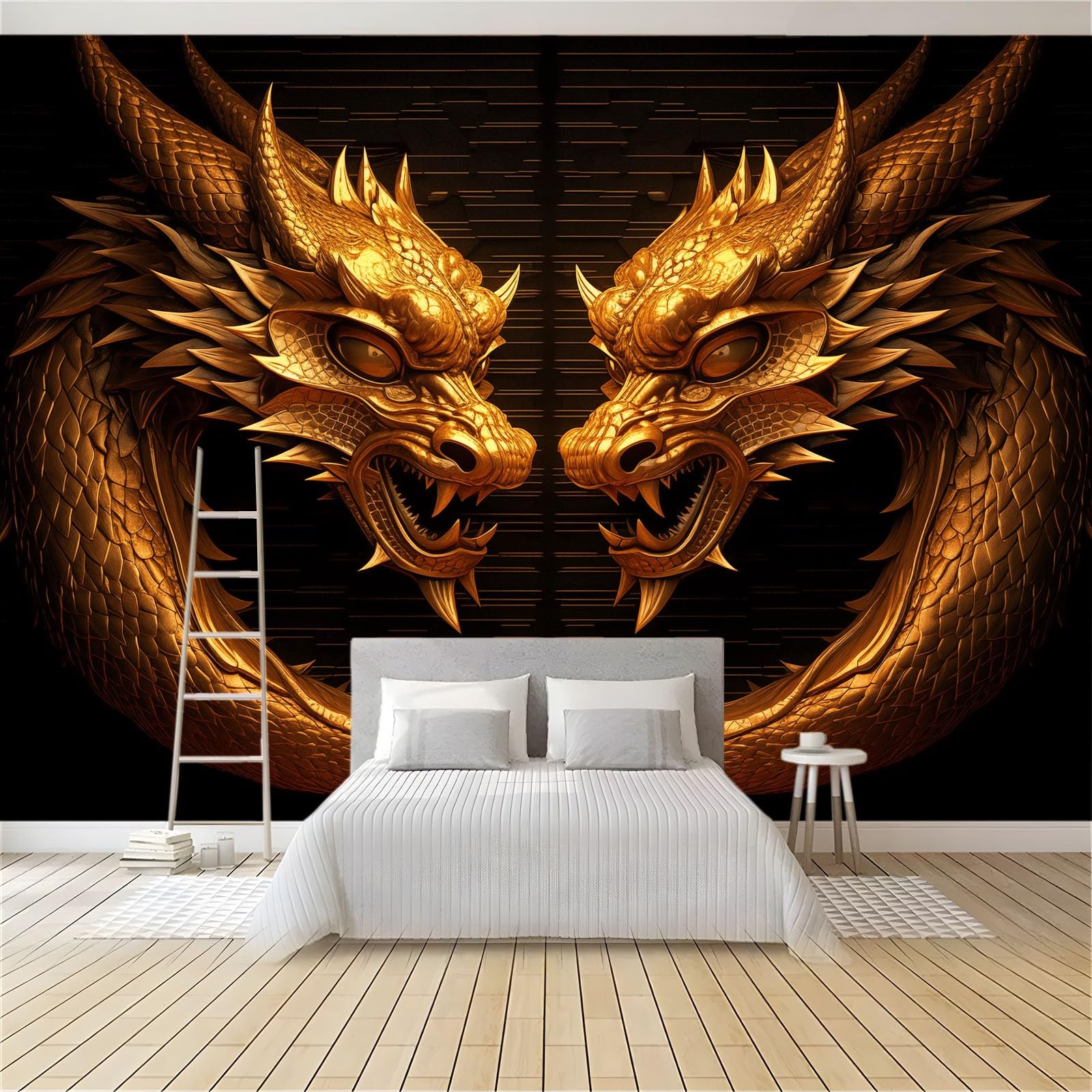Ciemny styl fantazyjny podwójny złoty smok tapety z włókniny 250 x 175 cm dekoracyjne fototapety ścienne 3D efekt dekoracyjny salon tapeta kuchnia