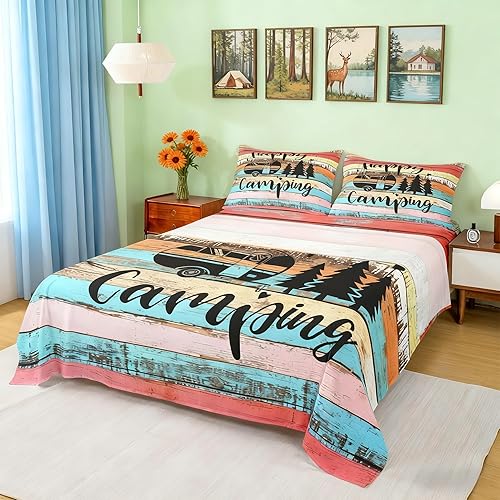 Vista 23 de Juego de sábanas para cámper tamaño matrimonial para niños y niñas, sábanas de madera para adolescentes de Happy Camping Farm, accesorios de Multi 04