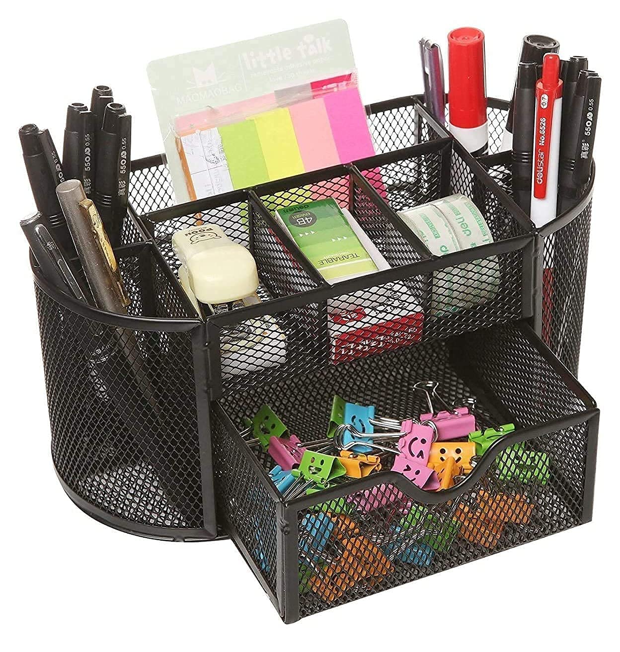 OFIXO Combo – Schreibtisch-Organisation, 9 Fächer, Metallnetz, Schreibtisch-Organizer und 400 Blatt bunte Haftnotizen – perfekt für Büro, Zuhause und Schule