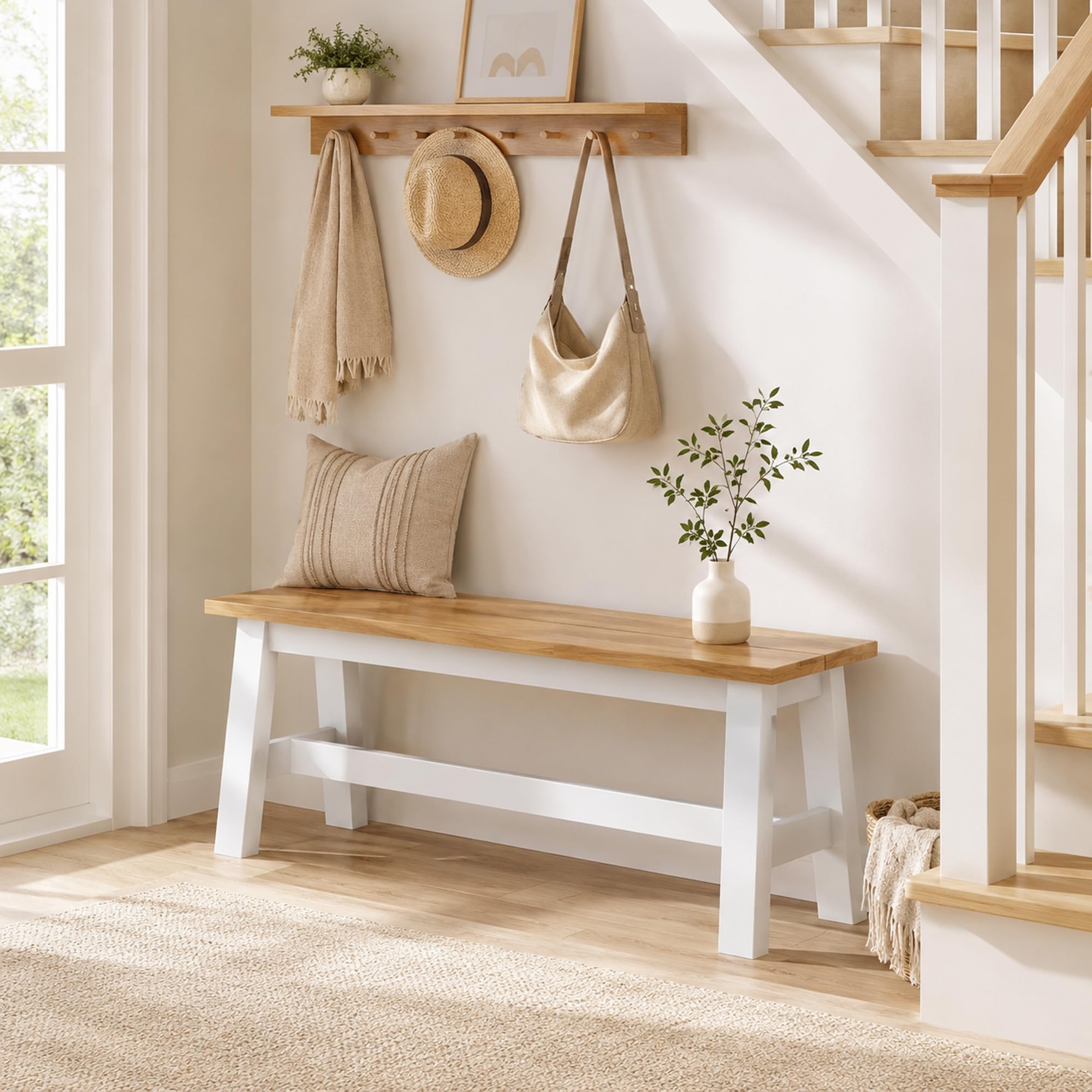 HOMCOM Sitzbank für Esszimmertisch Küchenbank aus Kautschukholz Holzbank mit Landlaus-Stil Essbank für Esszimmer, Eingang, Schlafzimmer, bis 240 kg, 95 x 30 x 45 cm, Eiche