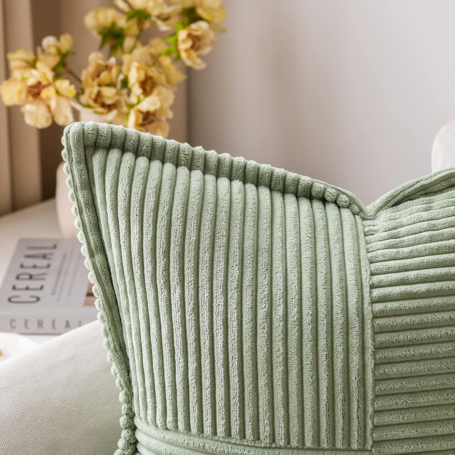 MIULEE Spring Decorative Throw Pillow Covers for Couch Bed Livingroom 16x16 Inch Set of 2 Sage Green Boho Accent Throw Pllows Broadside Striped Patchwork Soft Corduroy Pillowcases 16" x 16" (Pack of 2) Sage Green