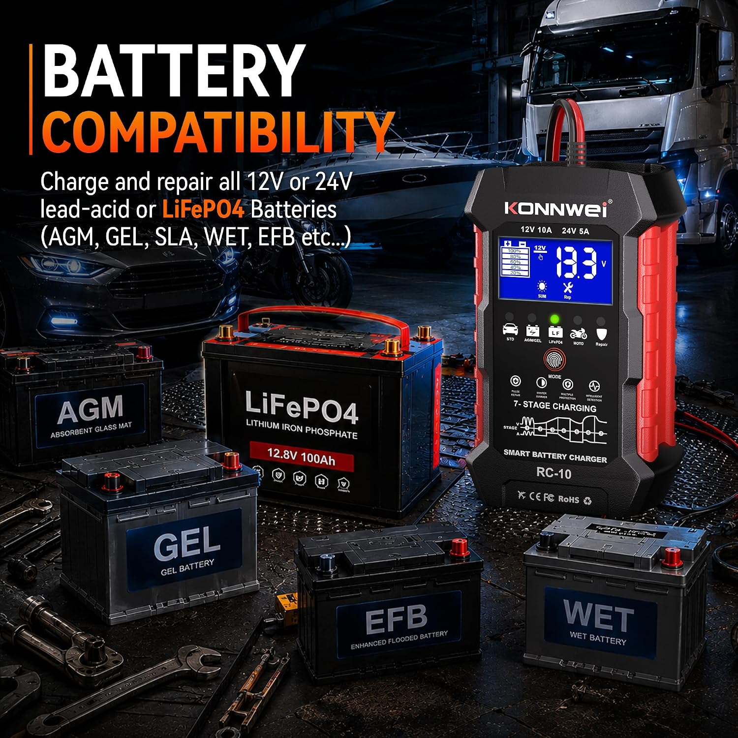 KONNWEI RC-10 5A/10A Battery Charger, 12V/24V Smart Battery Maintainer & Trickle Charger for LiFePO4, Lead-Acid, AGM, Gel, Battery Desulfator with Pulse Repair fit for Cars, Motorcycles, Boats, RVs
