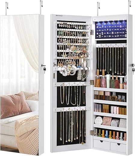 SONGMICS Hanging Jewelry Cabinet, Wall-Mounted Cabinet with LED Interior Lights, Door-Mounted Jewelry Organizer, Full-Length Mirror, Christmas Gift Idea, White UJJC99WT
