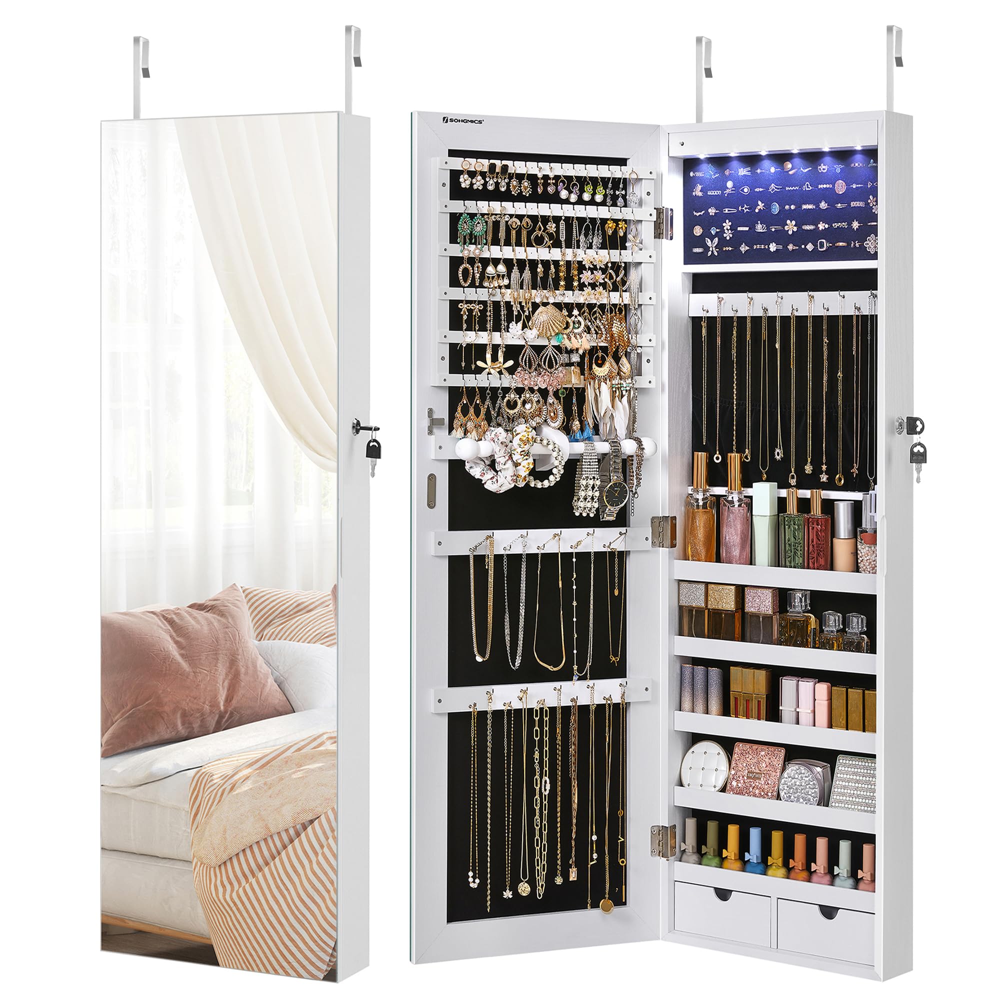 SONGMICS Hanging Jewelry Cabinet Wall-Mounted Cabinet with LED Interior Lights Door-Mounted Jewelry Organizer Full-Length Mirror Gift Idea White