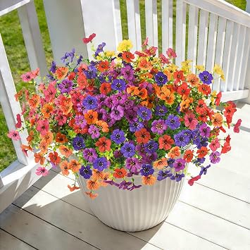 Homsunny Artificial Fake Flowers Plants for Outdoors Spring Decor, 12 Bundles Colorful Faux Silk Flowers Daisy Eucalyptus Plants UV Resisitant for Outside Planter Pots Front Porch Garden Patio