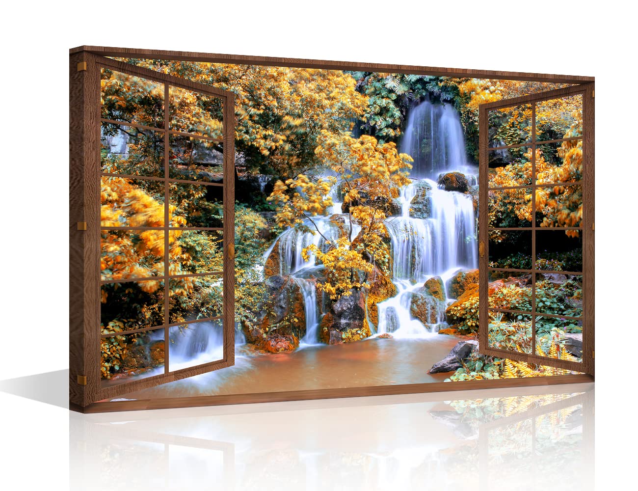 TISHIRON 3D Open Wooden Window Wall Art Canvas Waterfall View Print Paintings Framed Home Decor Paintings to Hang on Walls for Living Room Bathroom Ready to Hang 12x18inch