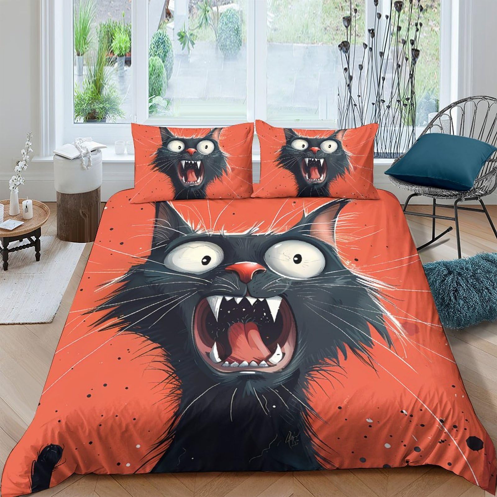 Ctjqhvkz Style-1 3D Printed Angry Black Cat Fitted Sheet Microfiber Orange Cartoon Bed Cover For Bedroom Dorm Mattress Protector Decor Single（135X200cm）