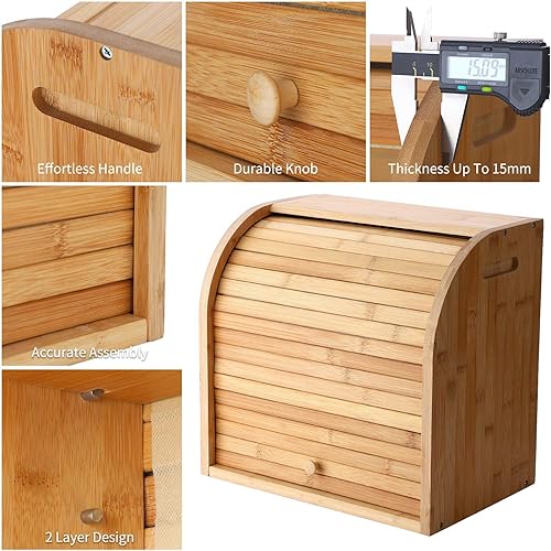 Miniatura 6 de G.a HOMEFAVOR Panera de bambú, panera de 2 capas para cocina, soporte de almacenamiento de pan de gran capacidad, panera de encimera, 15 x 9.8 x