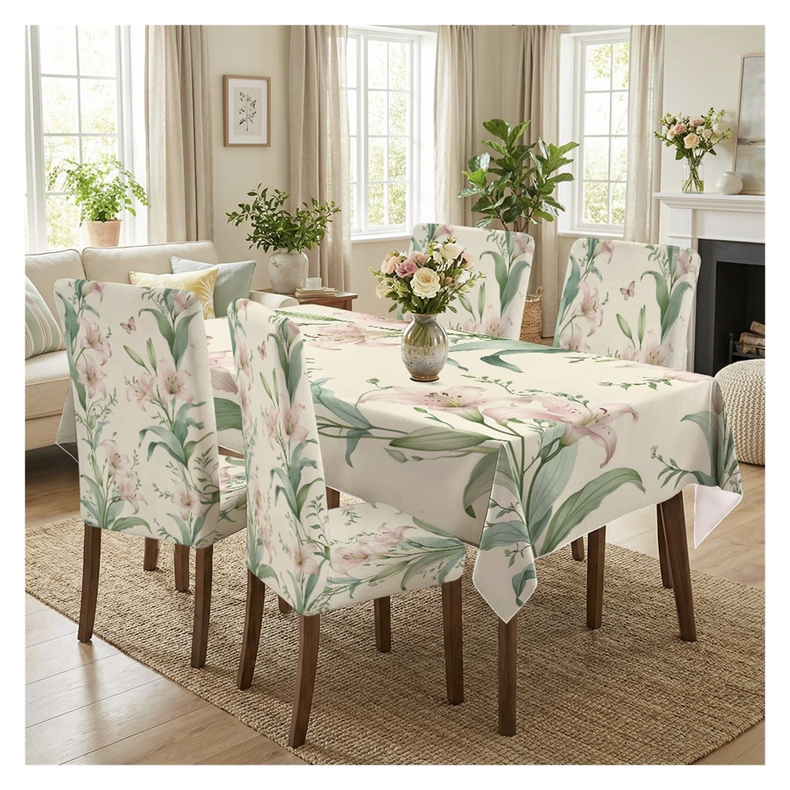 Nappe et housses de chaise motif imprimé lys roses et papillons style bohème chaleureux