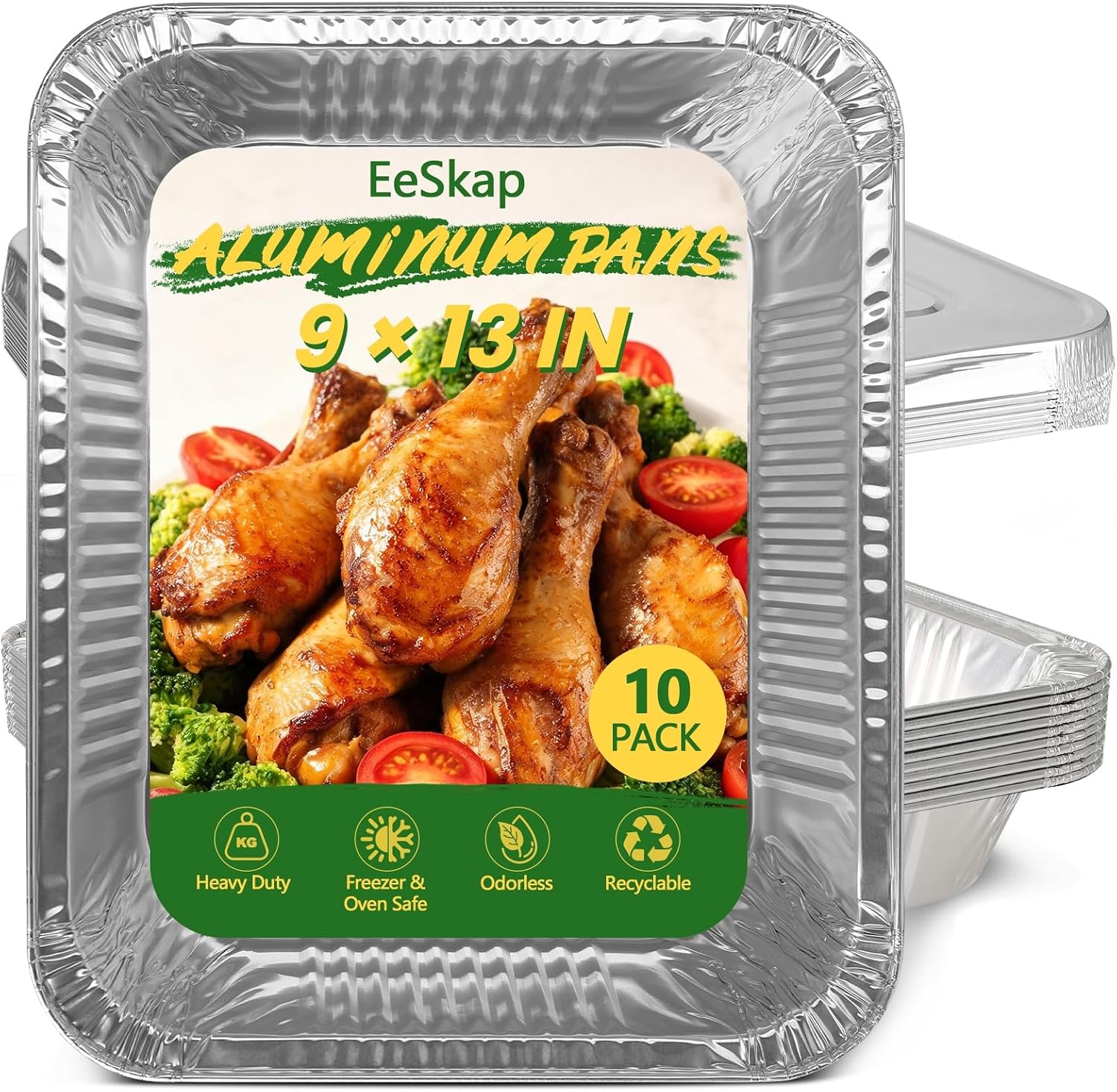 10 Pack Thickened Aluminum Pans Disposable, 9x13 In Heavy Duty Foil Pan, Half Full Size Aluminum Trays for Baking, Roasting, Meal Prep, Camping, Picnic, Kitchen & Bakery, Carton Packaging