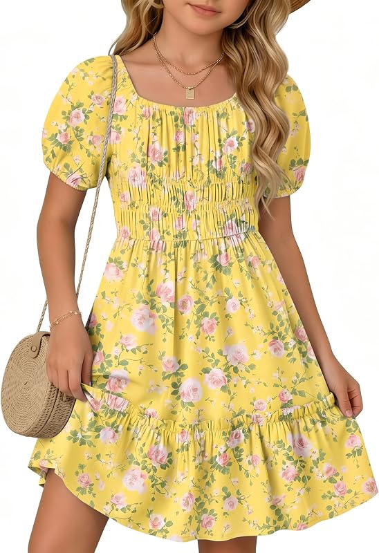 Girls' Floral Midi Dress | Tropical, Short Sleeve, Ruffle, Flower, Twirl, Flowy, Smocked, Sundress, Casual, Summer, Vacation, Family Photos