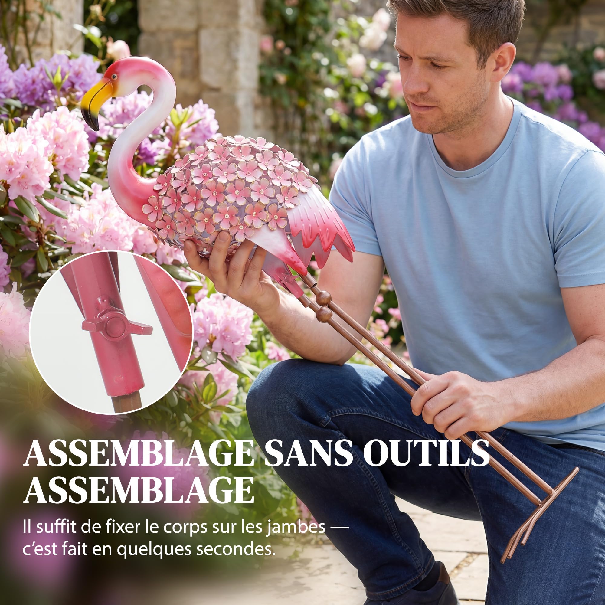 Outsunny - Estatua de jardín flamenco, diseño de pájaro de metal con plumas florales, decoración al aire libre con estacas de fijación para jardín, terraza o paisaje, rojo