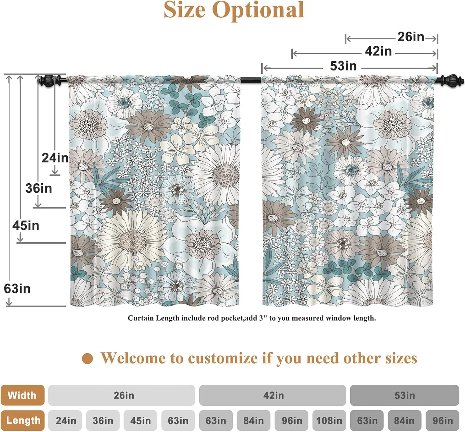Renaiss 42 x 63 Inch Blue Floral Curtains Farmhouse Sunflower Daisy Light Filter Drapes for Living Room Bohemian Rustic Rod Pocket Linen Window Curtain Bedroom Window Treatments Decor 2 Panels