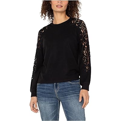 Liverpool Los Angeles Petite Long Sleeve Crew Neck Lace Inset Knit Top black