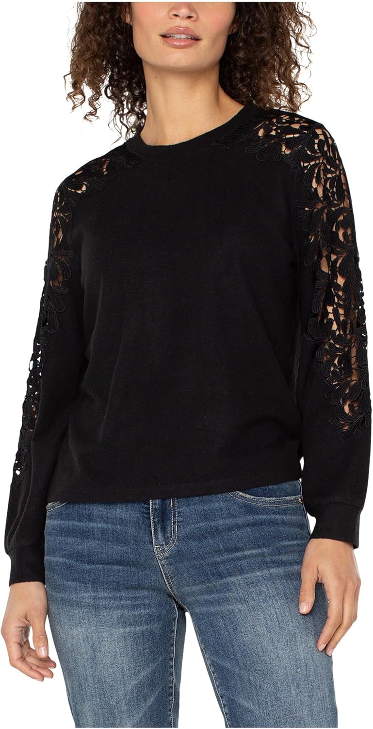 Liverpool Los Angeles Womens, Petite Long Sleeve Crew Neck Lace Inset Knit Top
