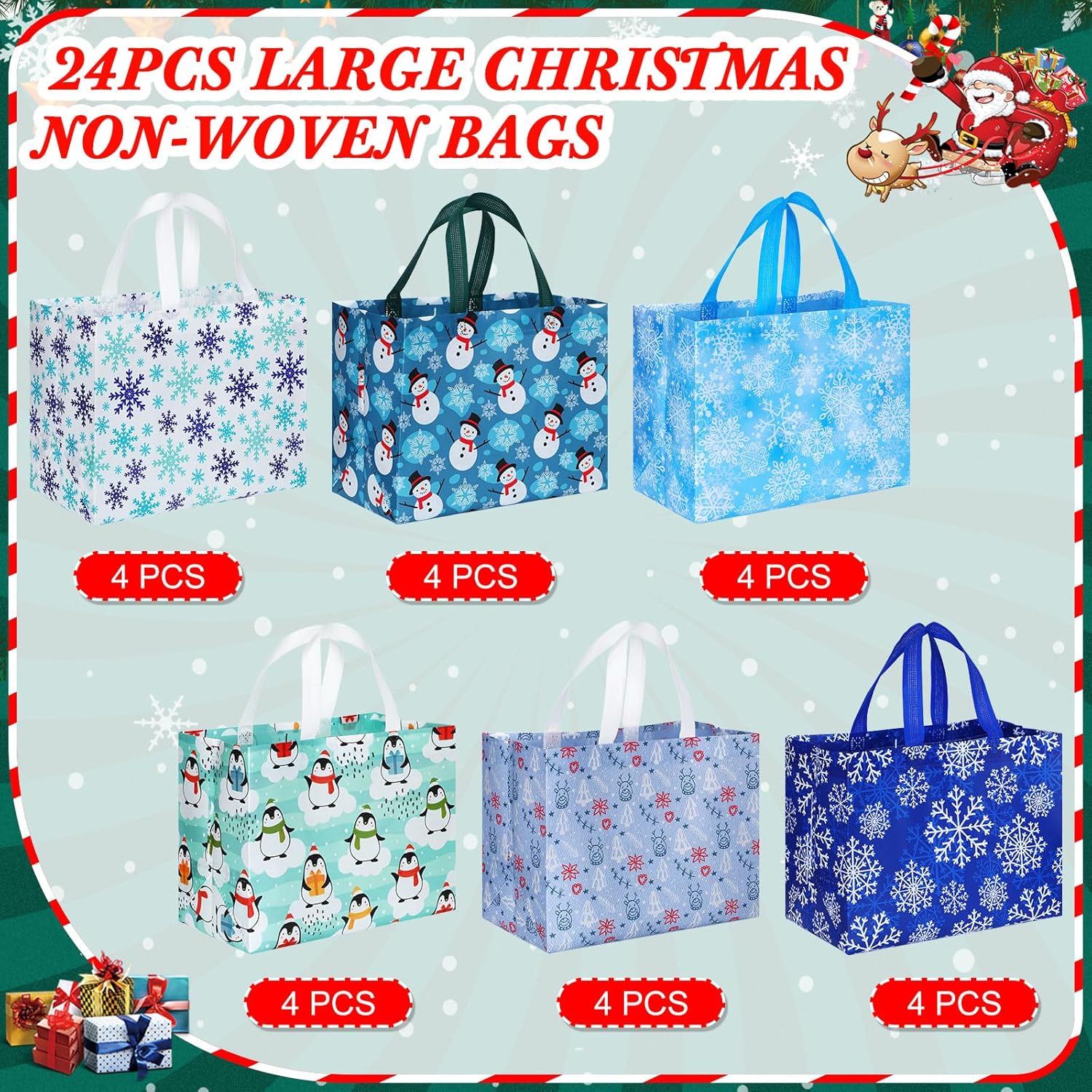 Sanwuta Christmas Bags Bulk for Gifts 12.8 x 9.8 x 6.7 in Large Tote Treat Grocery with Handles Reusable Non Woven Pocket(24 Pcs) - Image 6
