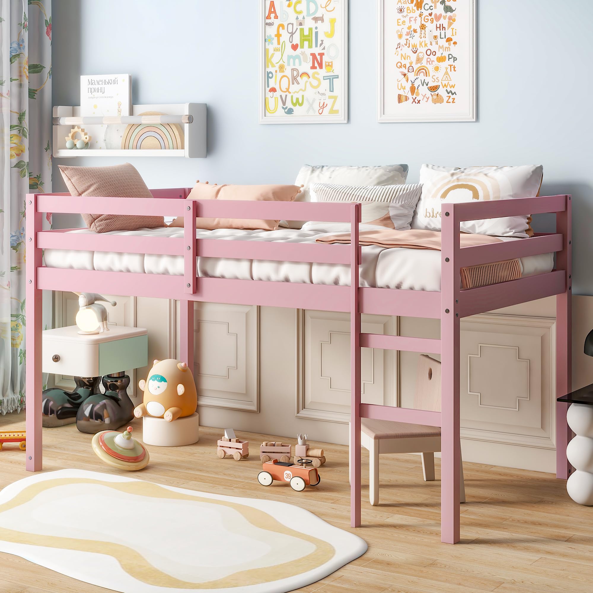 Twin Size Low Loft Bed,Kids Loft Bed with Ladder,Solid Wood Low Loft Bed Twin Size for Girls Boys,Pink