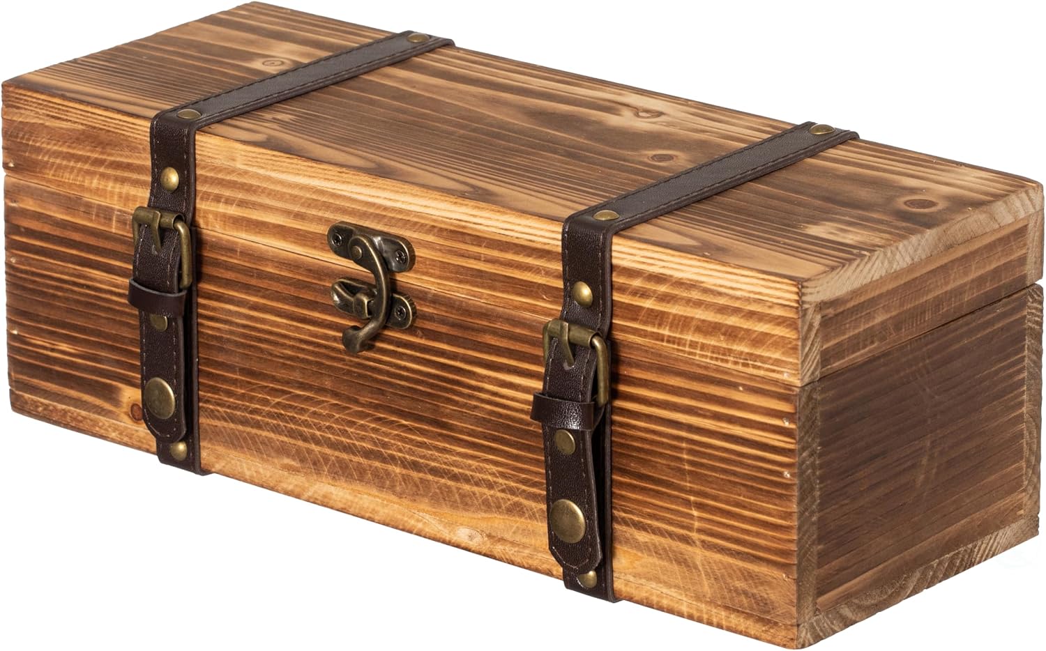 Vintiquewise Vintage Wooden Wine Gift Box Rustic Single Bottle Holder with Locking Latch Decorative Brass Accents Faux Leather Straps Keepsake Storage Chest for Weddings Birthdays & Holiday Gifting