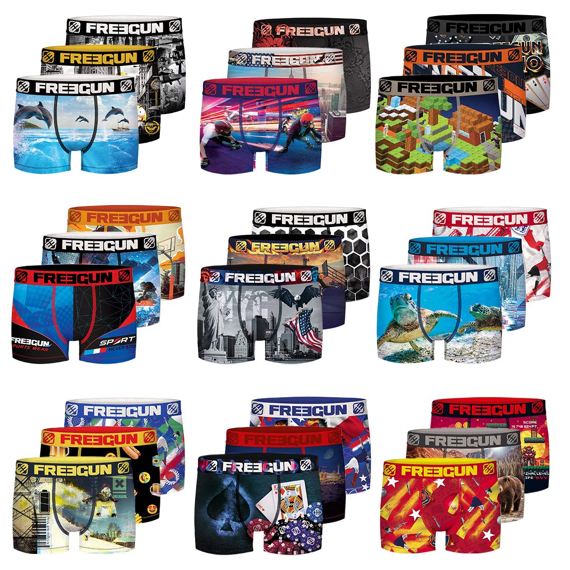 FREEGUN Pack Surprise Boxer Homme Maille Aérée, Calecon Modèle Aléatoire, Anti-Transpirant, Stretch et Infroissable (Lot de 3)