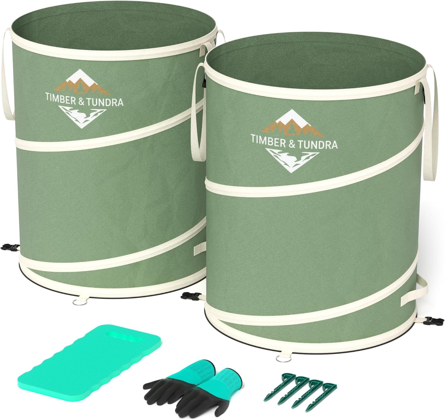 Timber & Tundra 40-Gallon Collapsible Trash Can Set of Two with Stakes, Gardening Gloves and Kneeling Pads | Pop Up Trash Can for Camping