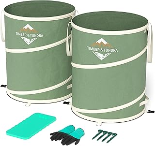 40-Gallon Collapsible Trash Can Set of Two with Stakes, Gardening Gloves and Kneeling Pads | Pop Up Trash Can for Camping