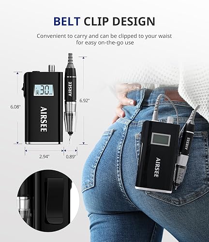 Miniatura 5 de AIRSEE Taladro de uñas eléctrico recargable de 30000 rpm, máquina profesional portátil de archivo E para uñas acrílicas, extensión natural, uñas de