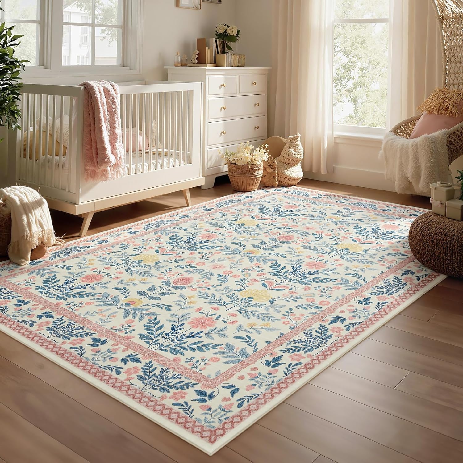 Joydeco Floral Light Pink Rugs for Bedroom Girls Kids Playroom, Boho Washable Large 8 x 10 Area Rug for Living Room Nursery, Non Slip Soft Indoor Floor Carpet for Dorm Classroom