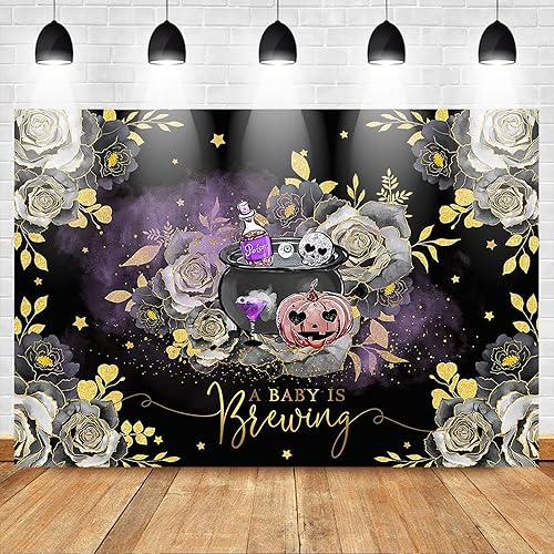 Miniatura 2 de Mocsicka Telón de fondo de Halloween para baby shower con texto en inglés A Baby is Brewing Halloween, decoración de fiesta de baby shower, telón de