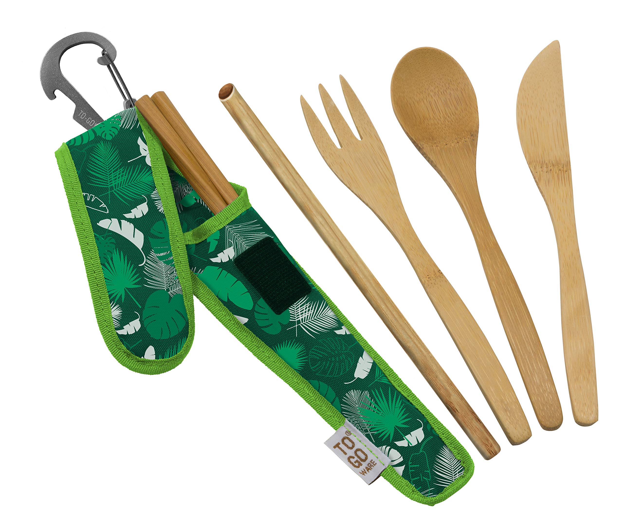 To-Go Ware Reusable Bamboo Utensil Set w/Straw, BPA and Phthalate Free, Dishwasher Safe, Green Tropics