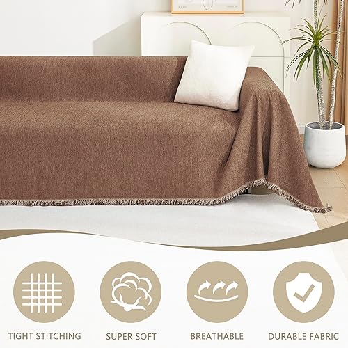 Miniatura 3 de MYSKY HOME - Funda de sofá bohemia color camel con borlas blancas, rústica, protector de sofá sencillo para perros, fundas de sofá modular de