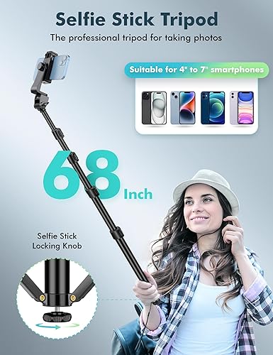 Miniatura 4 de Trípode para teléfono, trípode de 70 pulgadas para iPhone celular, soporte de trípode para selfie stick con soporte remoto para teléfono, trípode de
