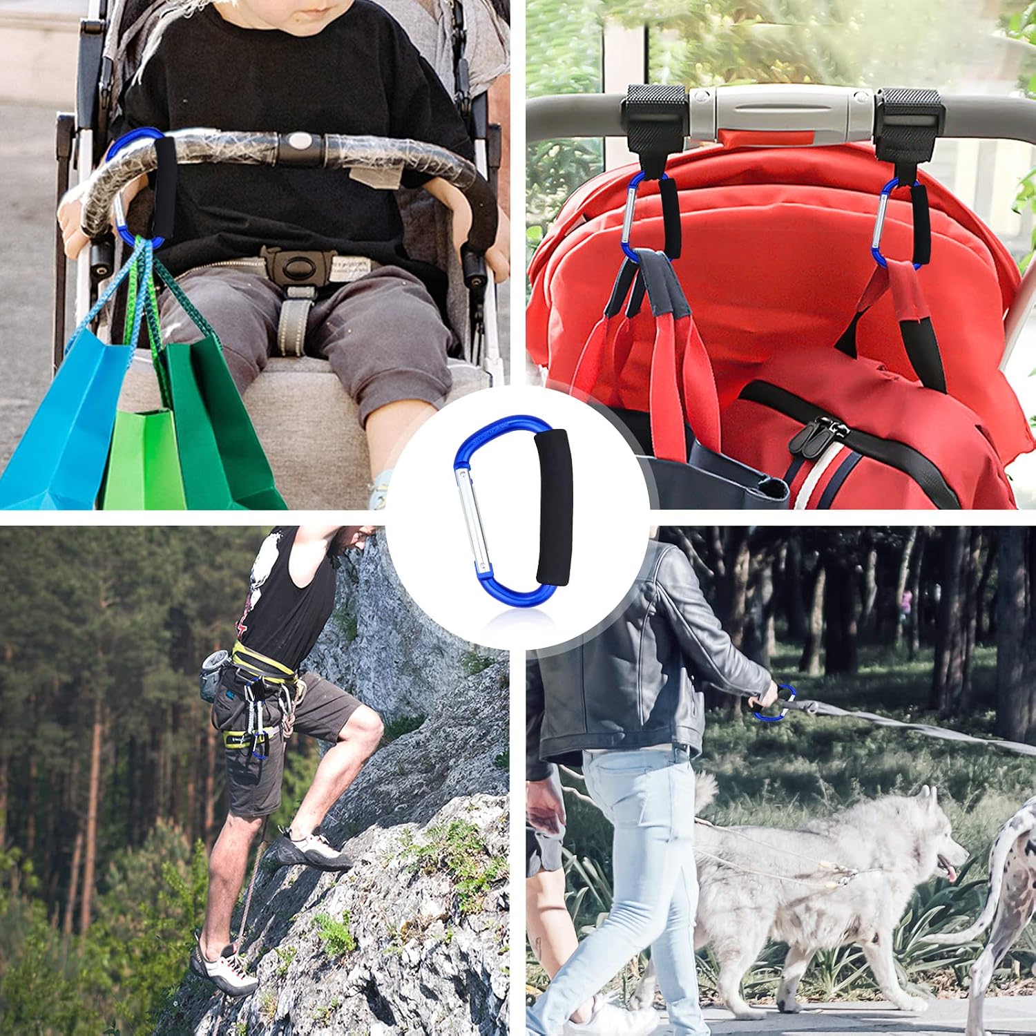 JIALEEY Grocery Bag Shopping Bag Holder Handle Carrier Tool Multi Purpose Snap Hook Stroller Hook Set Organizer Accessories with Soft Foam Grip for Hanging, Pack of 2, Blue