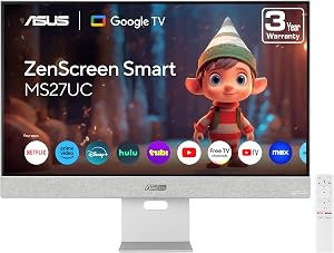 ASUS ZenScreen 27” 4K USB-C Smart Monitor (MS27UC) - UHD (3840 x 2160) IPS, 99% sRGB, Google TV, Harman Kardon Speakers, USB-C 90W PD, USB Hub, Wireless Display, Netflix and YouTube, 3 yr Warranty