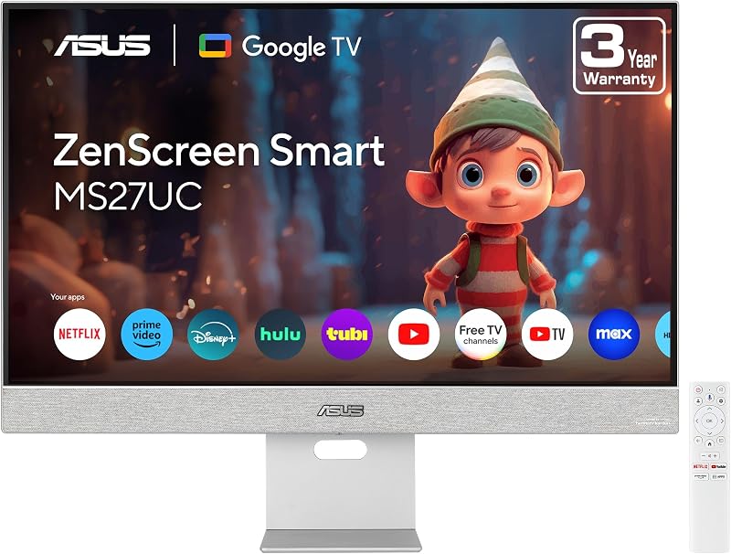 ASUS ZenScreen MS27UC 27 pulgadas 4K USB-C 90W Google TV, monitor inteligente | Pantalla inalámbrica con control remoto, parlantes Harman Kardon, concentrador USB, USB-C 90W, Netflix y YouTube, 99% sRGB