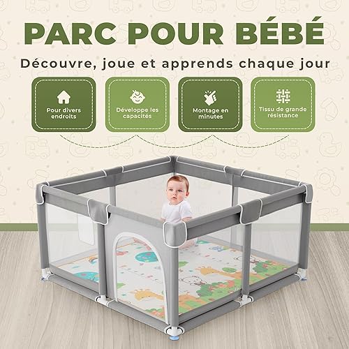 JUPPLIES Parc Bébé Sécurisé avec Tapis 120×120 cm – Aire de Jeu Carrée pour Enfant 6–24 mois, Filet Respirant 360°, Structure Stable Antidérapante, 2 Poignées Incluses - 2