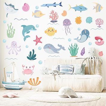 AOWDIAO 58 Pcs Ocean Animals Wall Decals - Peel and Stick Under the Sea Kids Room & Nursery Decor