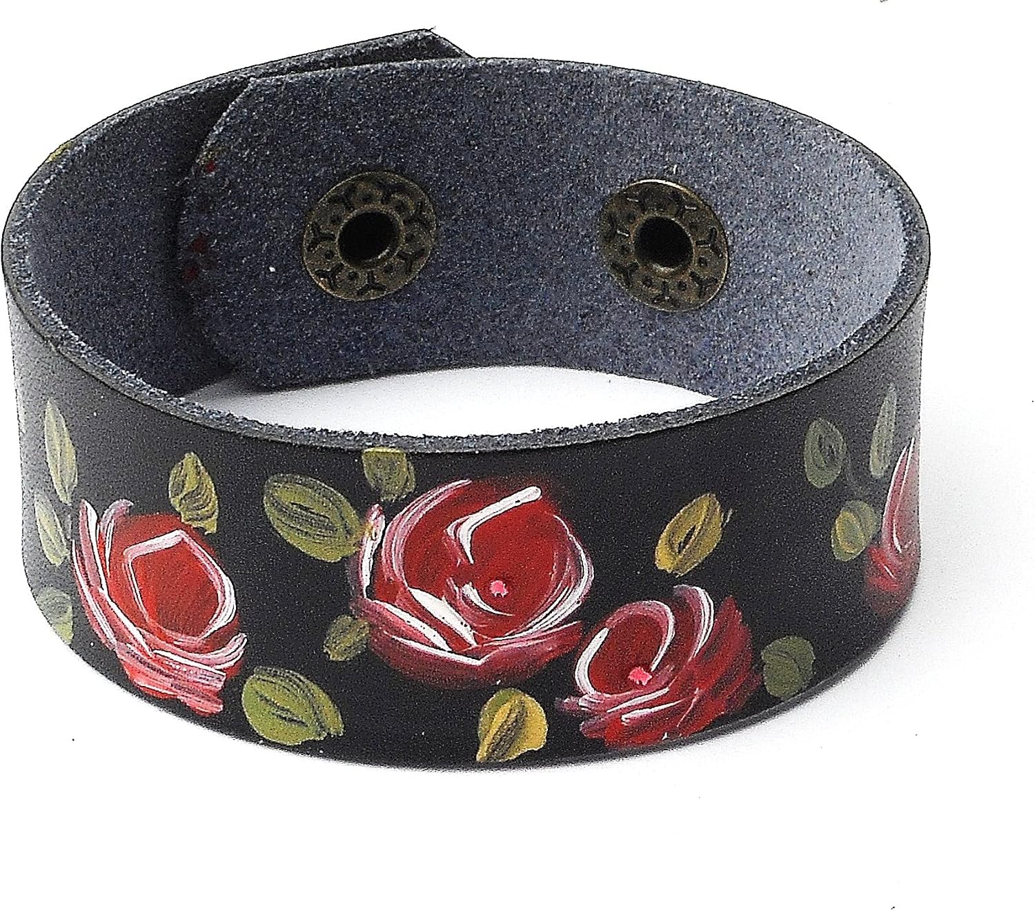 Adjustable Black Leather Cuff Bracelet with Artist Hand Painted Red Roses Crystal Romantic Handmade Floral Boho Jewelry