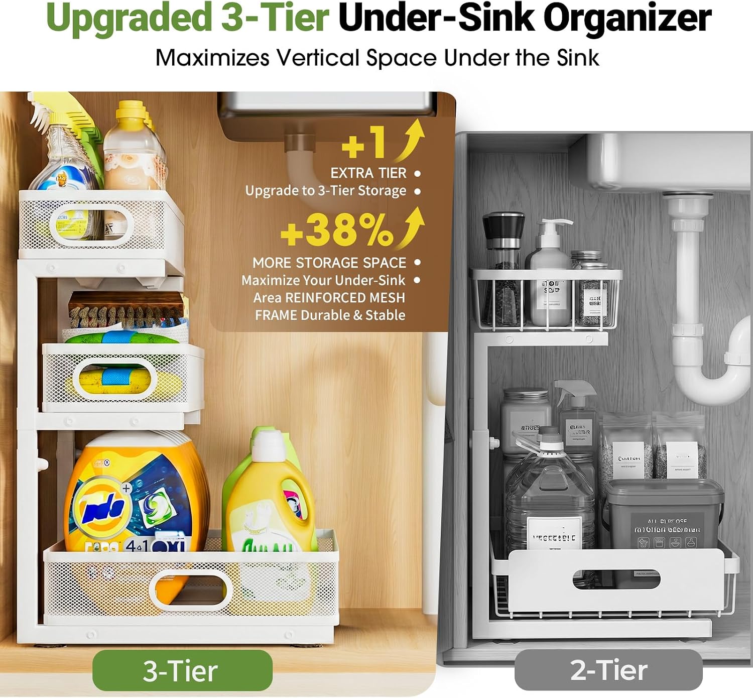 Under Sink Organizer 3 Tier, 2 Pack L-Shaped Pull-Out Cabinet Organizer with Sliding Metal Mesh Drawers, Height Adjustable Under Sink Storage Rack for Kitchen Bathroom Cabinet, White image 5