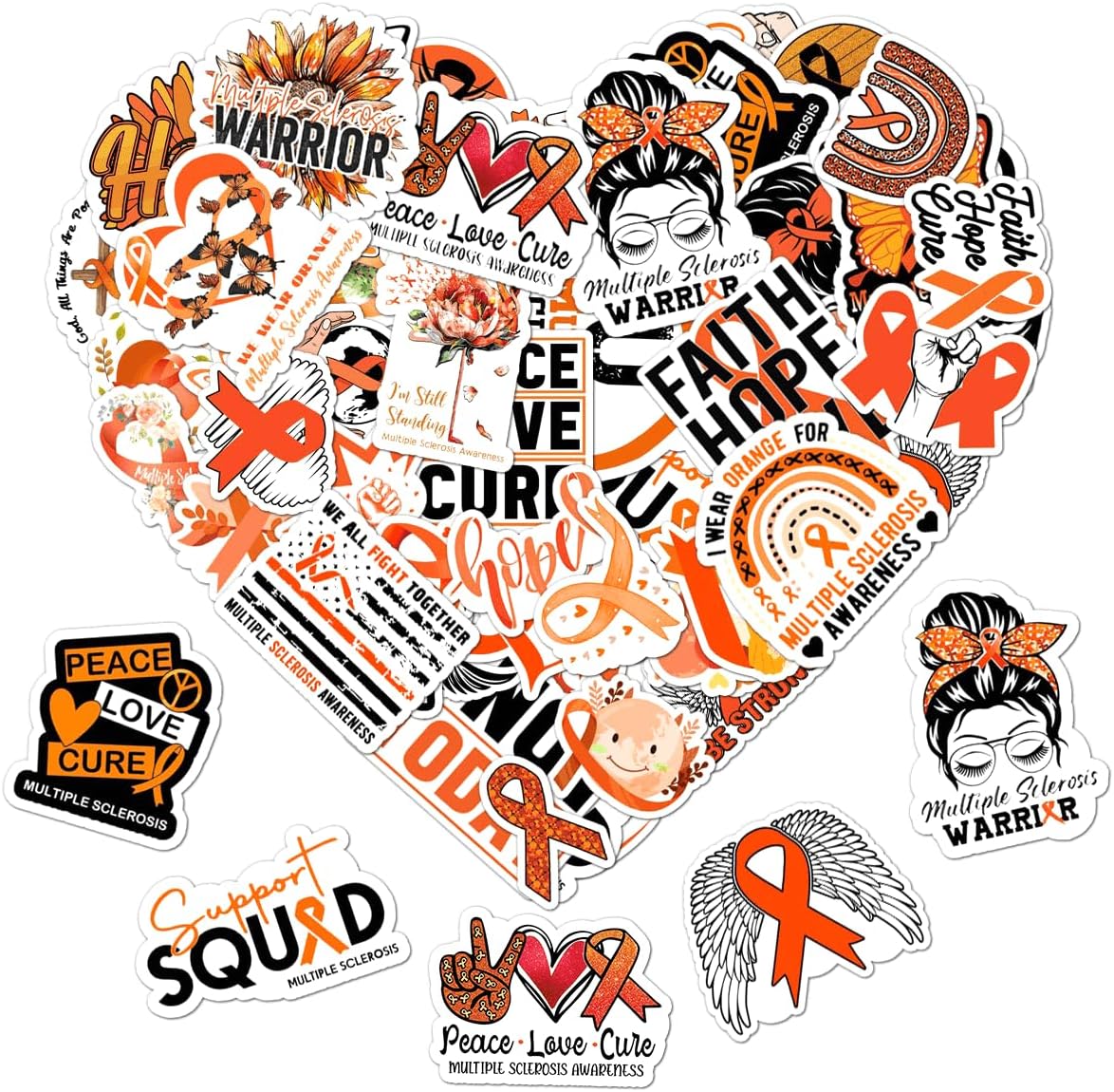 50 Pack Pcs Multiple Sclerosis Awareness Orange Ribbon Stickers for Water Bottles Waterproof Vinyl Laptop Luggage Inspirational Sticker Packs Adults Teens Aesthetic Small Decals