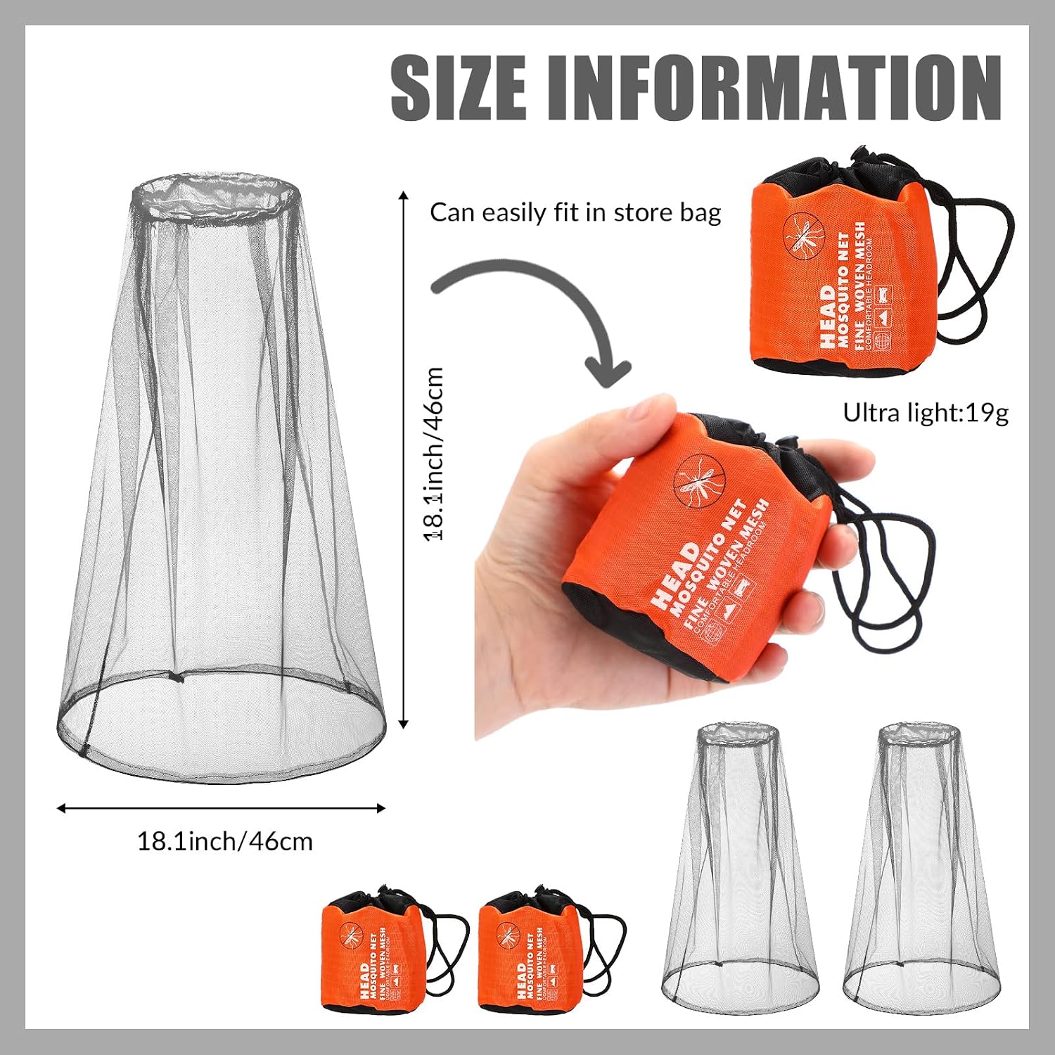 Eboot 2 Pack Mosquito Head Nets Mesh with Drawstring Breathable Ultra Large Bug Net for Head Outdoor Lovers Protect from Fly Screen Mosquito Gnat and Other Flies(Gray)