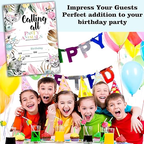 Miniatura 4 de Tarjetas de invitación para fiesta de cumpleaños, celebración de fiesta de animales de la selva, suministros de fiesta tropical del bosque, regalos,