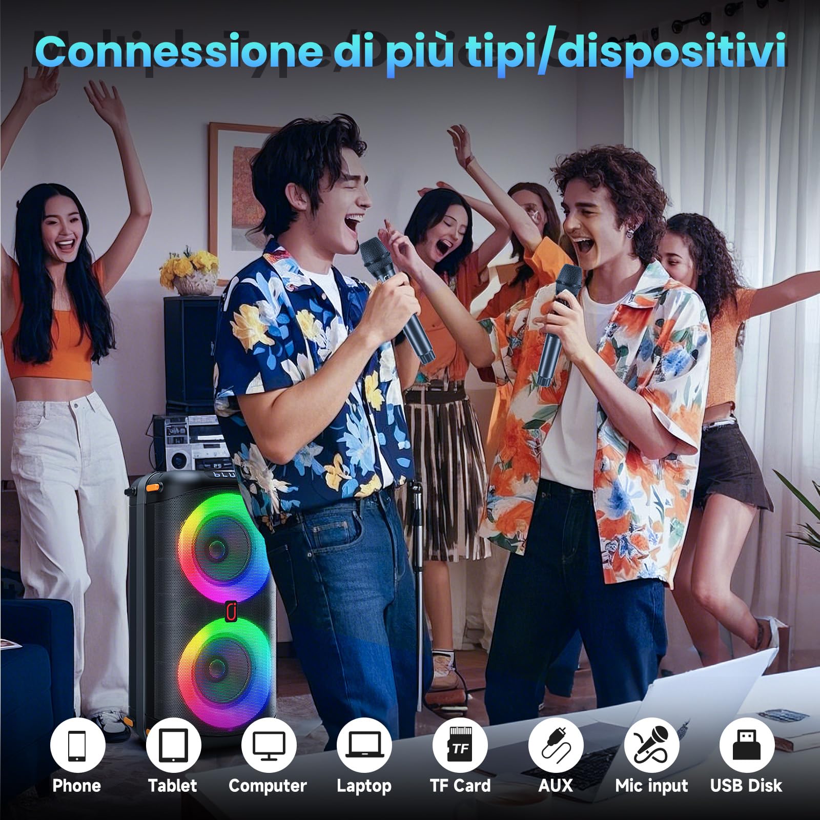HWWR Macchina per karaoke, Altoparlante Bluetooth Portatile con 2 Microfoni Wireless per adulti, Sistema PA Karaoke Box con luci da Discoteca per Grandi feste, uso Esterno