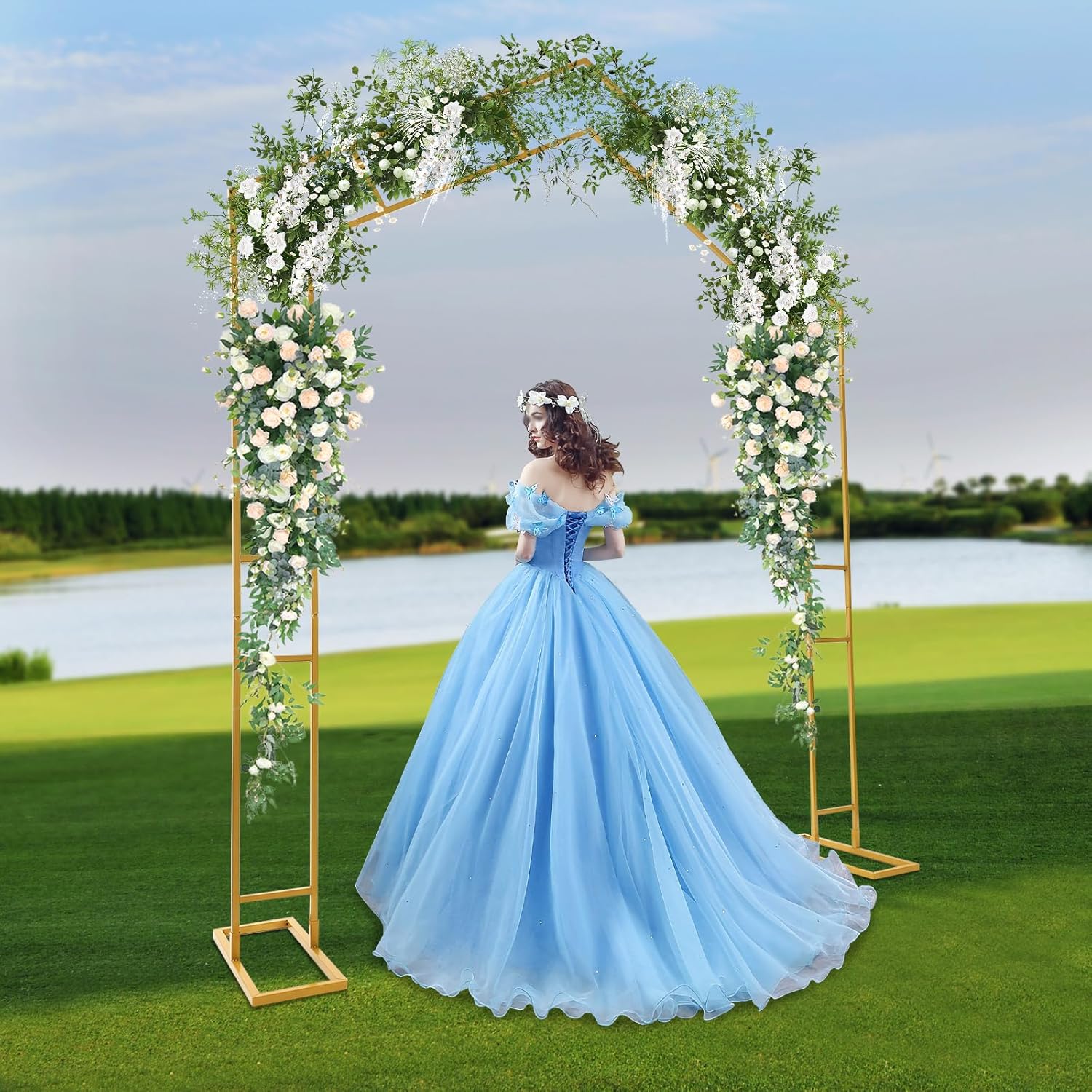Arch Backdrop Stand A-Shape Wedding Arch Outdoor Flower Garden Trellis Wedding Arch Frame for Garden Decorations, Outdoor Party Decorations, 6.56 * 7.87FT (Gold)