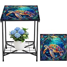 Cinnvoice Outdoor Side Table 2-Tier Storage Square Small Mosaic Patio Accent Indoor End Plant Coffee Tea Table for Yard Patio Porch Garden Living Room, BedroomTurtle Style