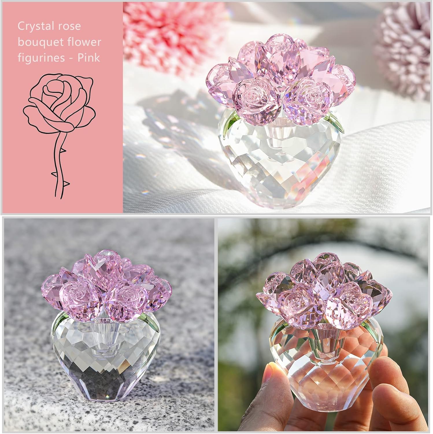 LONGWIN Crystal Rose Flower Figurines Collectible Glass Spring Bouquet with Vase Home Decor Romantic Gifts for Women Pink - Image 4