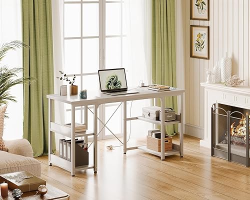 Miniatura 8 de AODK Escritorio pequeño para computadora de 48 pulgadas con tomas de corriente y puerto de carga USB, mesa para el hogar con estantes de