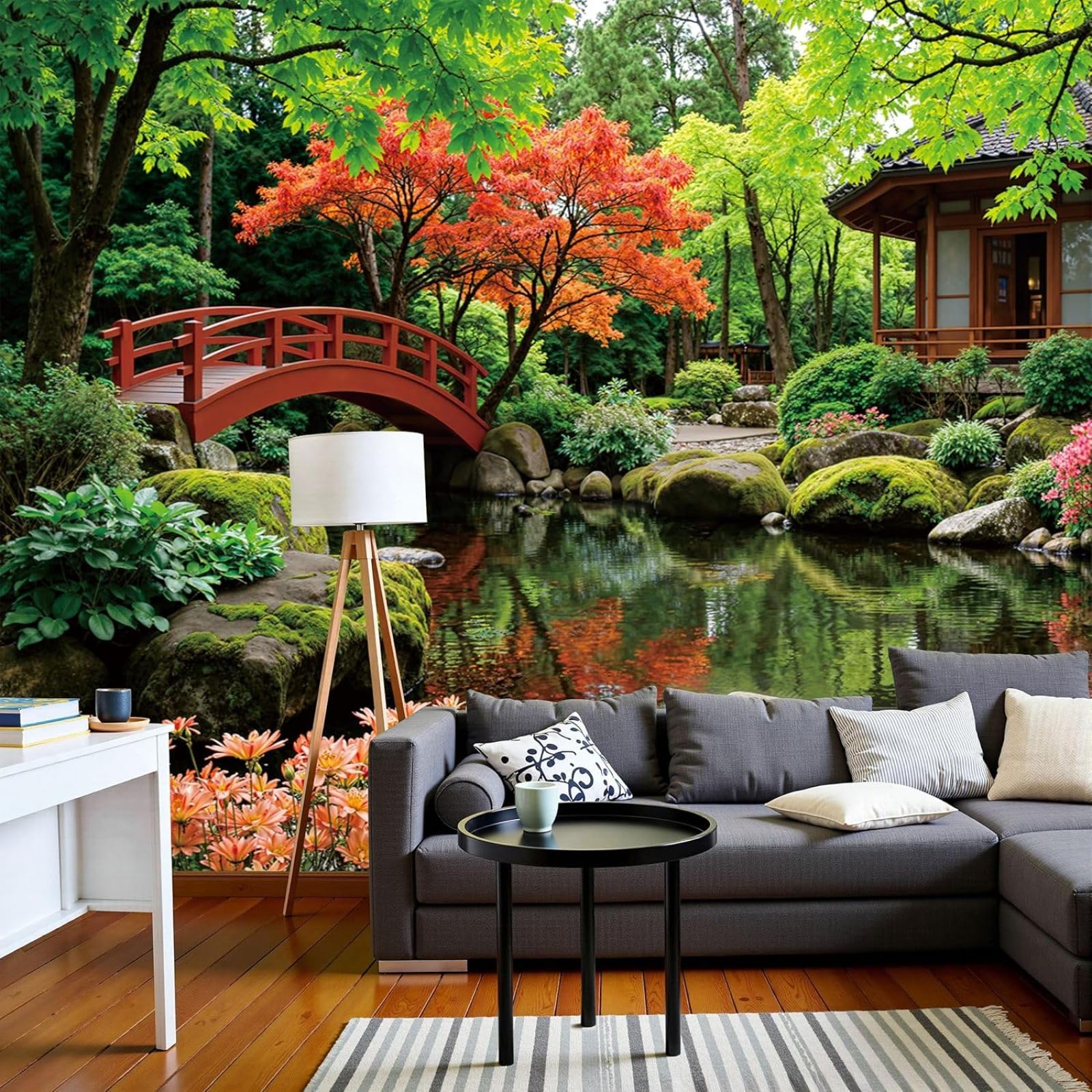 kfjhgbdshhj Photo Wallpaper Arched Bridge Spanning Pond Japanese Garden Non-Woven Modern Living Room Bedroom Green XXL Motif Wallpaper, 400cm x 280cm Stickers - Frameless Painting - Poster